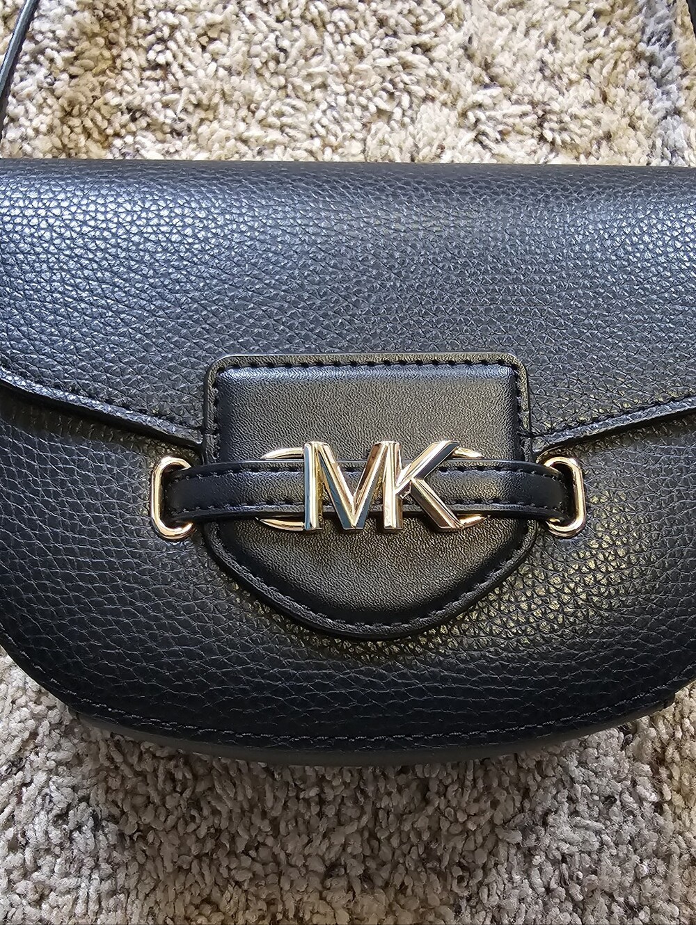 Michael Kors Black Pebbled Leather Crossbody with Gold MK Accent